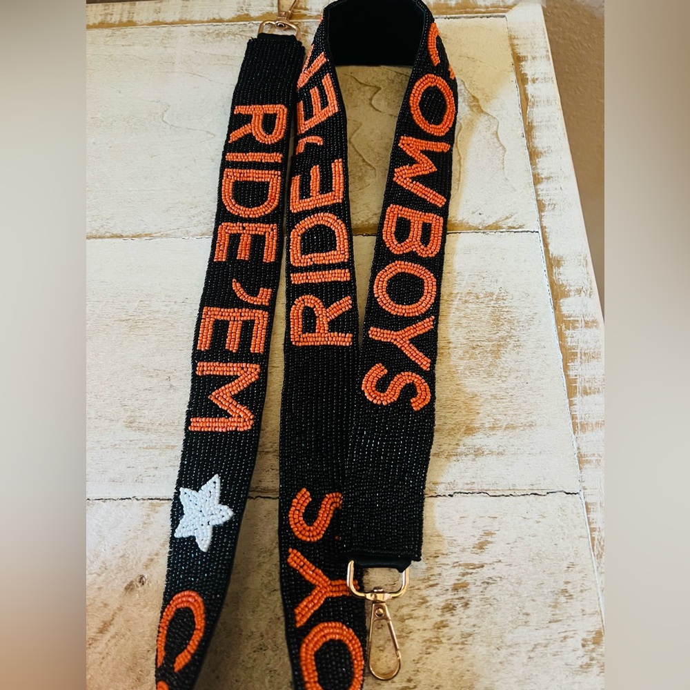 Beaded Oklahoma State Cowboys Ridem Cowboys Purse Strap-White Ride Em New